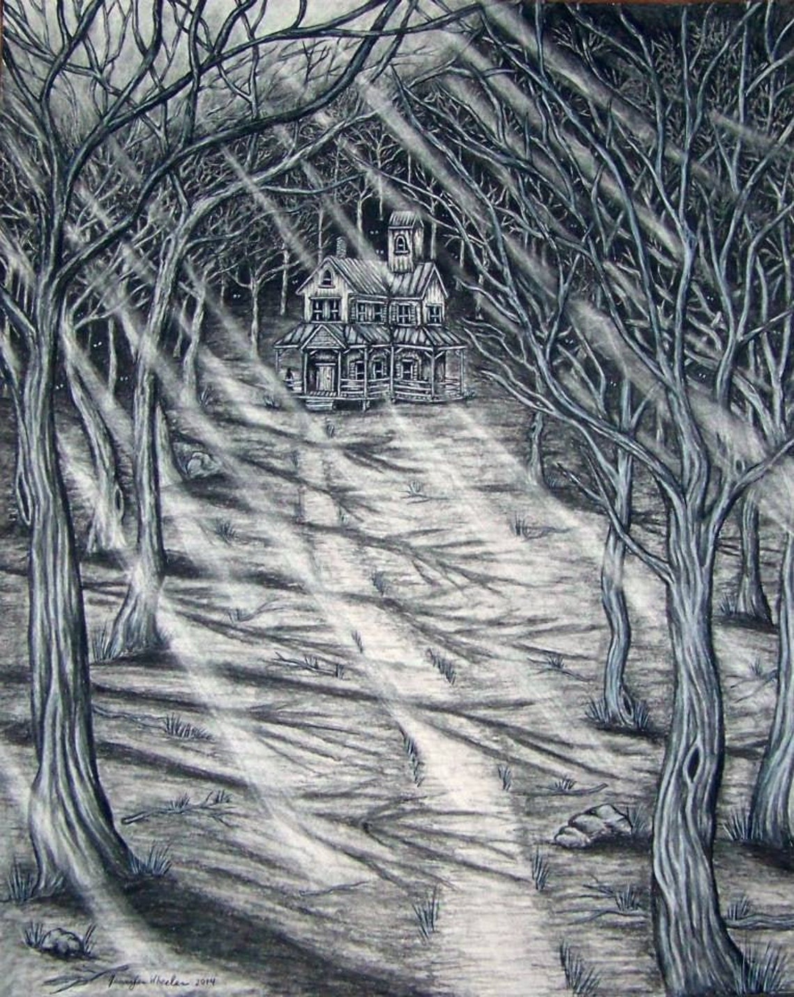 8 X 10 PRINT of My Charcoal Drawing house in the Woods, Trees, Forest ...