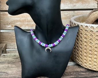 Purple Crescent Moon Beaded Necklace