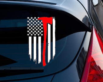 Firemans Axe, Thin Red Line, American Flag, Vinyl Car Decal, Support Firefighters, Free Personalizing