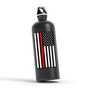 May include: Black water bottle with a thin red line down the center of an American flag design.