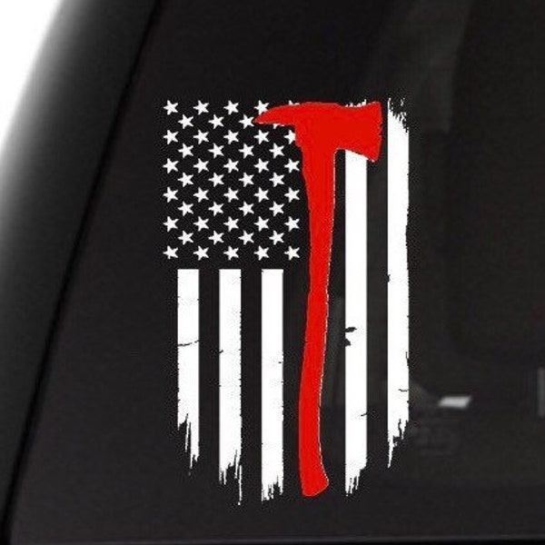 Firemans Axe, Thin Red Line, American Flag, Vinyl Car Decal, Support Firefighters, Free Personalizing