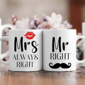 Mr Right Mrs Always Right Mug Set: Funny Couple Coffee Mugs
