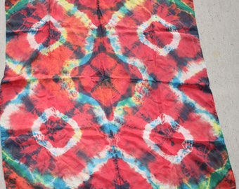 30x30" tie dye, 8mm habotai silk scarf red , blue and yellow