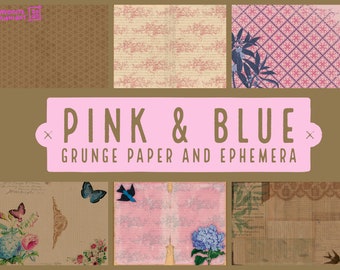 Pink and Blue Grunge Printable Journal and Ephemera Pages for Junk Journal. Scrapbooking.