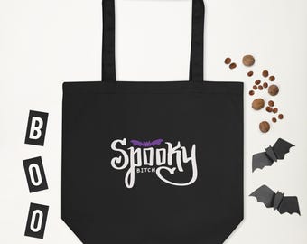 Bolsa de tela de algodón orgánico estilo gótico para Halloween – Diseño de bruja espeluznante