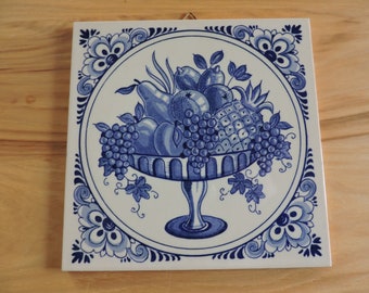 Delft inspired hand painted ceramic tile 4.25 inches square