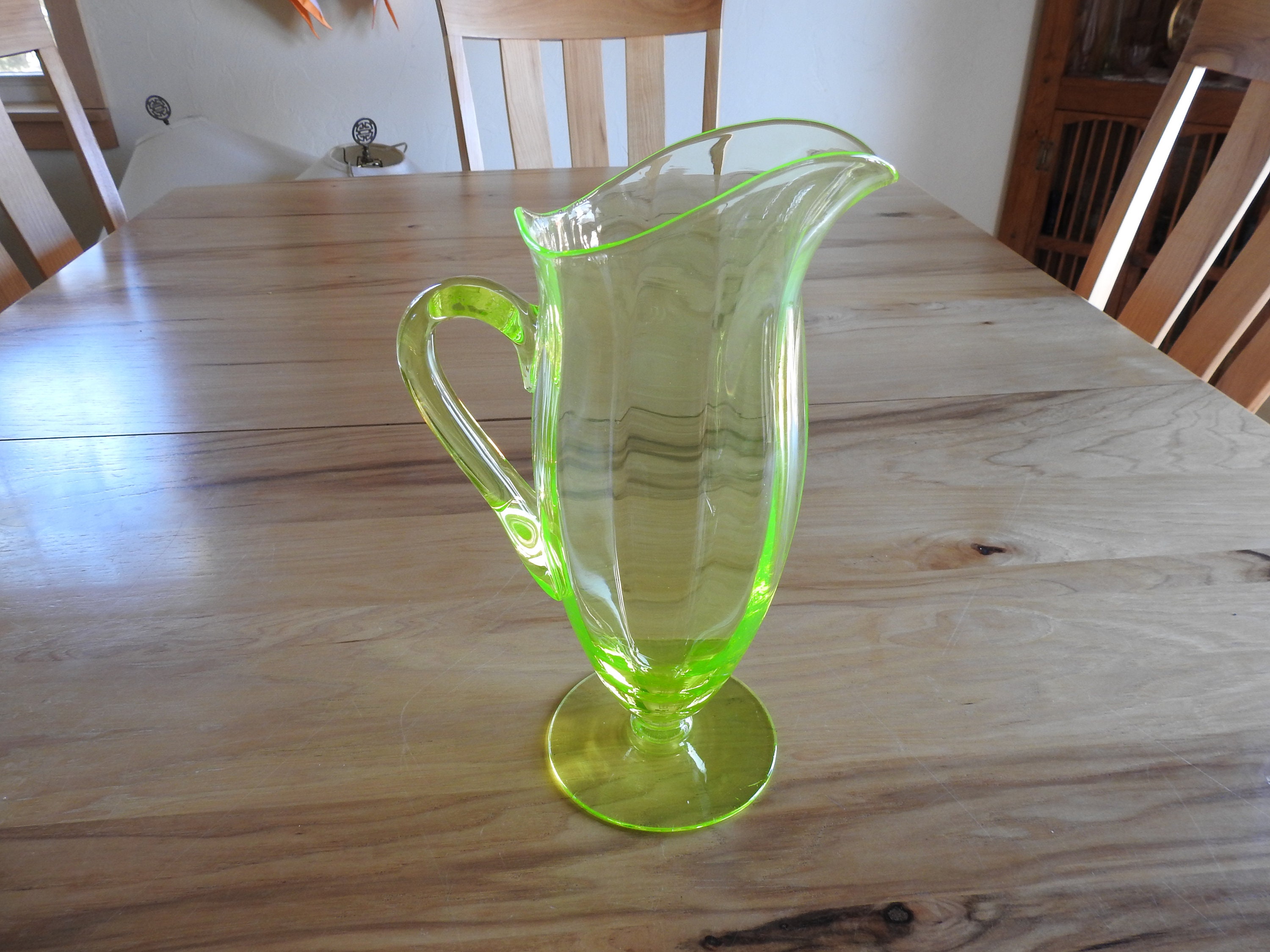 Vaseline Glass Pitcher Vintage Handblown Green Glass Pitcher Etsy