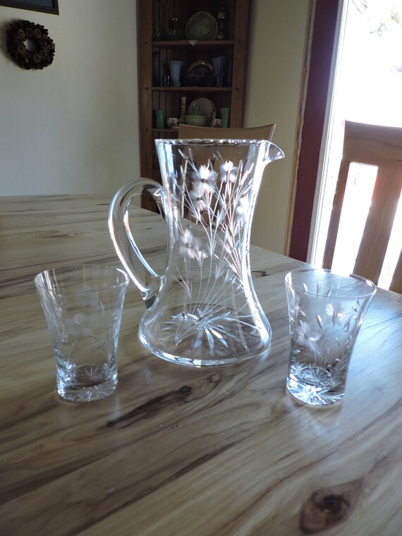 Beautiful Vintage Flowered Glass Pitcher with 6 glasses gold trim on top and bottom of glasses