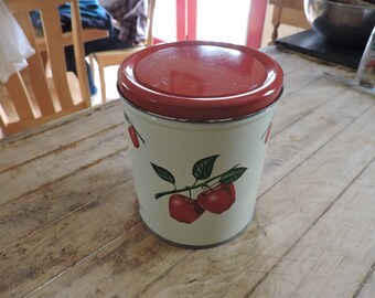 Vintage Decoware Tin with Apples, Mid-Century Cream and Red Tin Canister, Cream Decoware Tin with Red Apples and Red Lid, Apple Canister