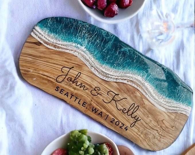 Personalized Resin Olive Wood Serving Board | Engagement Wedding Gift | Mothers Day | | Engraved Housewarming | Custom CoastalDecor |