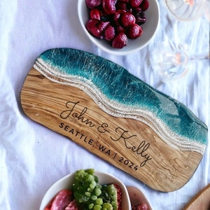 Personalized Resin Olive Wood Serving Board | Engagement Wedding Gift | Mothers Day | | Engraved Housewarming | Custom CoastalDecor |