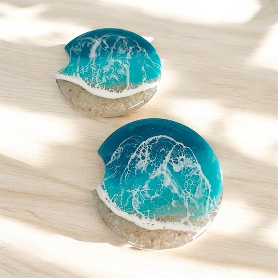 Ocean Designed Car Coaster Set | Natural Sand | Epoxy Resin |