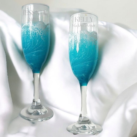 Personalized Etched Ocean Champagne Glassware | Resin Ocean | Wedding Gift for Couples | Engagement | Bridal Party Champagne Glass |