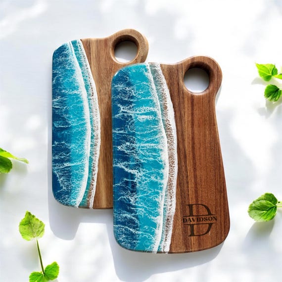 Personalized Ocean Resin Serving Board | Acacia Wood | Wedding Gifts | Housewarming | Mothers Day | Engraved