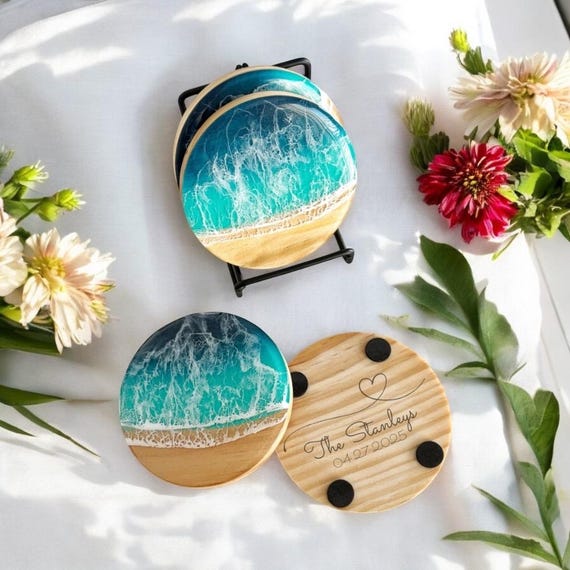 Personalized Wood & Resin Ocean Coaster Set | Wedding Favors | Beach Wedding | Housewarming | Caribbean | Coastal Decor | Gifts for Couples