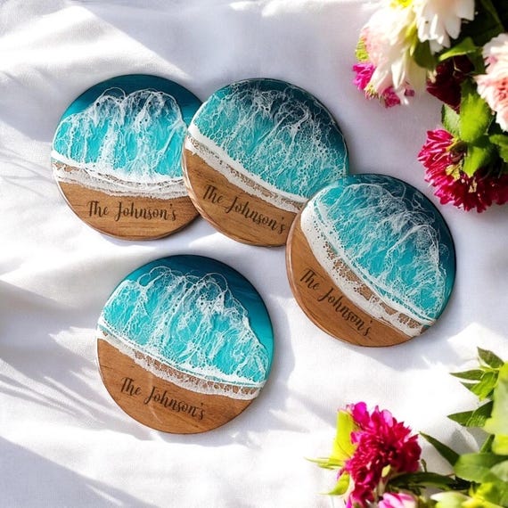 Personalized Dark Wood & Resin Ocean Coaster Set | Wedding Favors | Beach Wedding |Housewarming | Beach House | Coastal Decor | Coastal Gift