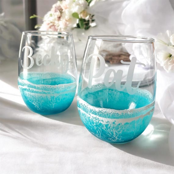 Personalized Stemless Resin Ocean Wine Glass Set | Etched Wine Glass | Wedding Gift for Couples | Engagement | Bridal Party Wine Glass |