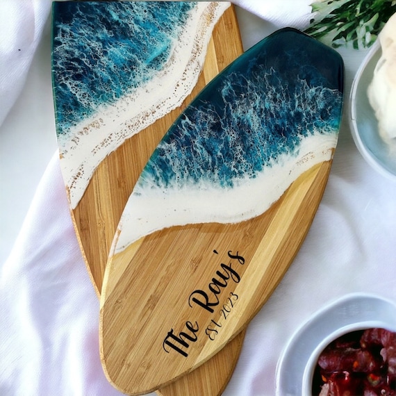 Bamboo x Resin Surf board | Engraved Coastal Ocean Home Decor | Housewarming | Beach Wedding | Serving Board | Engraved Gifts