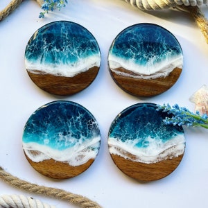 Personalized Wood & Resin Coaster Set Beach Wedding Housewarming Beach House Coastal Decor Wedding Favors Gifts for Couples image 3