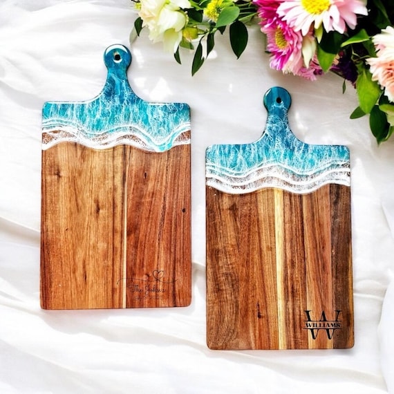Personalized Ocean Resin Serving Board | Acacia Wood | Wedding Gifts | Housewarming | Mothers Day | Engraved