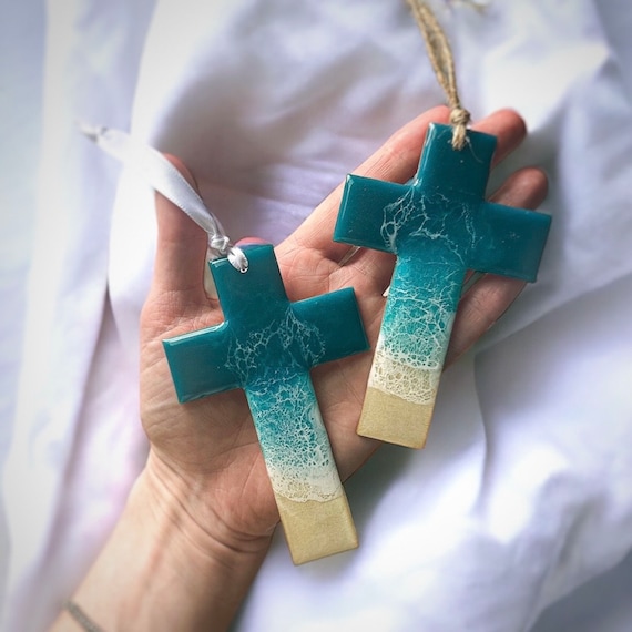 Ocean Cross Ornament | 3 Inch | Resin & Wood | Cross Rearview Mirror Ornament | Florida Sand | Christmas in July | Home Decor