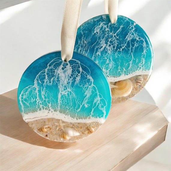 Coastal Style Ornament | Epoxy Resin Beach Waves |  Natural Sand and Shells | Car Ornament