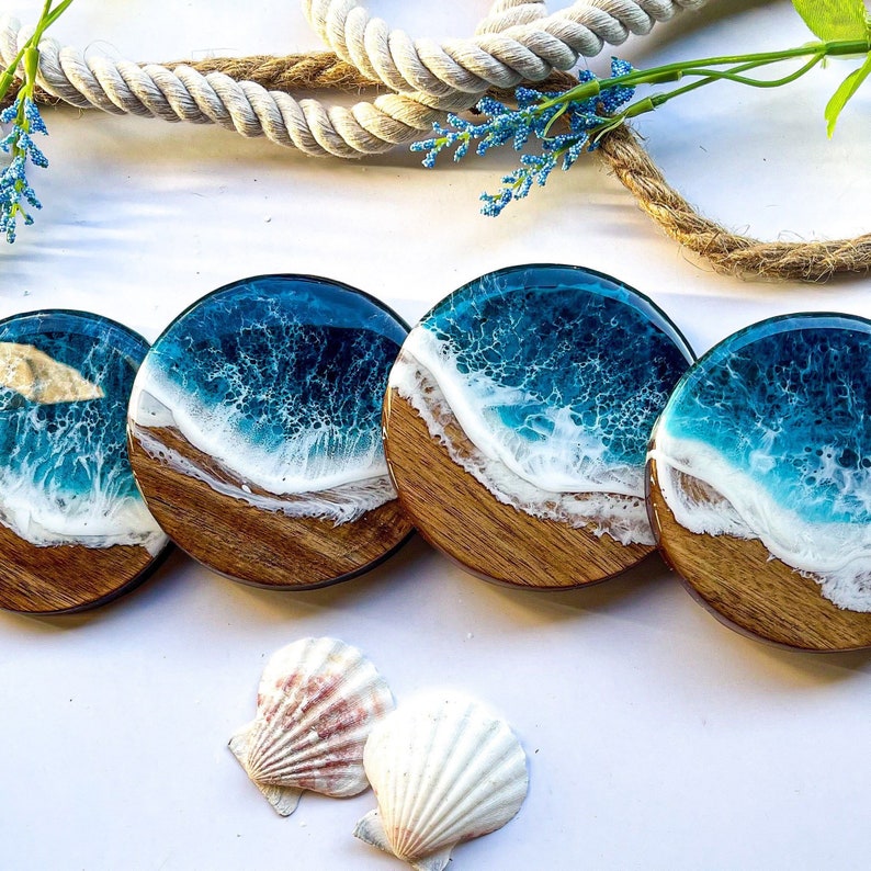 Personalized Wood & Resin Coaster Set Beach Wedding Housewarming Beach House Coastal Decor Wedding Favors Gifts for Couples No