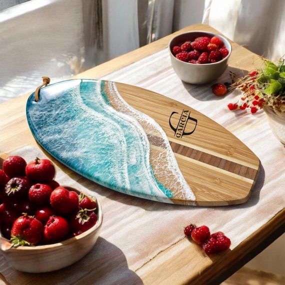 Personalized Ocean Style Surfboard | 14 Inch | Beach House Decor | Coastal Kitchen | Surfboard Serving Board | Cheese Charcuterie Board