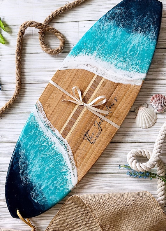 Engraved Bamboo and Ocean Surfboard | Engraved | Serving Board | Ocean | Coastal Home | Charcuterie | Welcome Home Gift | Beach House |