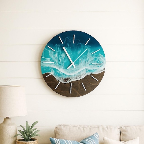 Coastal Ocean Clock | 12 Inch | Epoxy Resin Waves | Coastal Home | Beach Style |