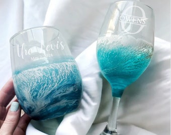 Personalized Resin Ocean Wine Glass  Set | Etched Wine Glass | Wedding Gift for Couples | Engagement | Bridal Party Wine Glass |