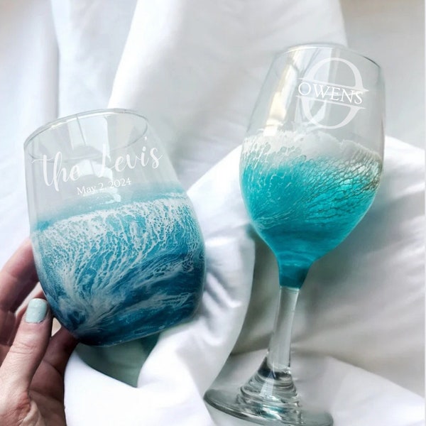 Personalized Resin Ocean Wine Glass  Set | Etched Wine Glass | Wedding Gift for Couples | Engagement | Bridal Party Wine Glass |