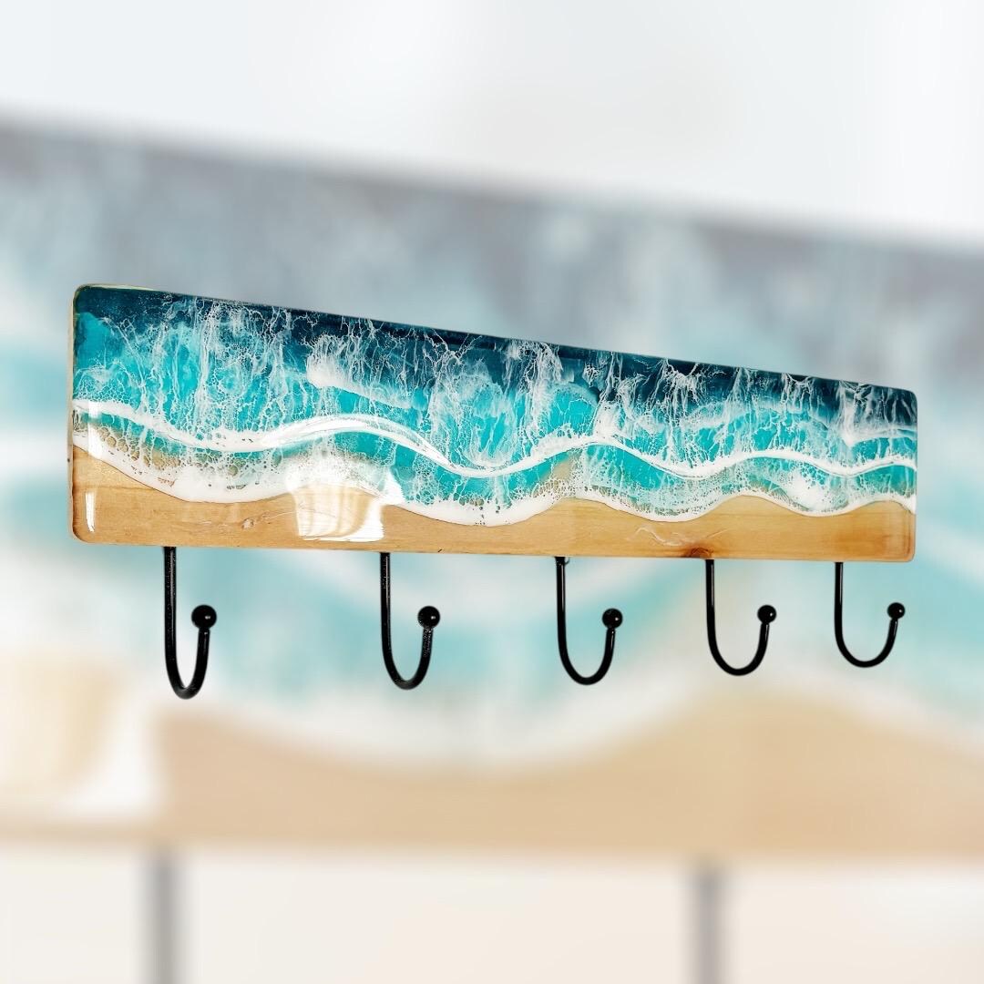 Beach Key Rack Coastal Coat Rack | Key Holder | Beach Decor | Epoxy Resin Waves ...