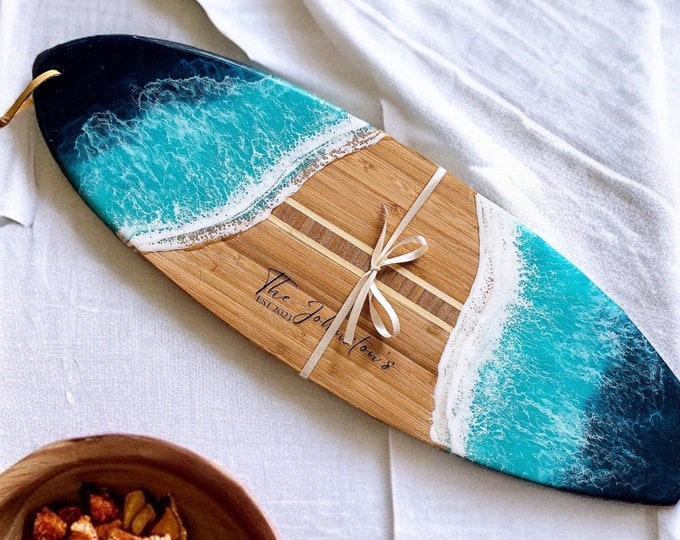 Engraved Bamboo and Ocean Surfboard | Engraved | Serving Board | Ocean | Coastal Home | Charcuterie | Welcome Home Gift | Beach House |