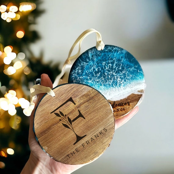 Personalized Coastal Ornament | Housewarming Gift | Epoxy x Acacia Wood | Florida