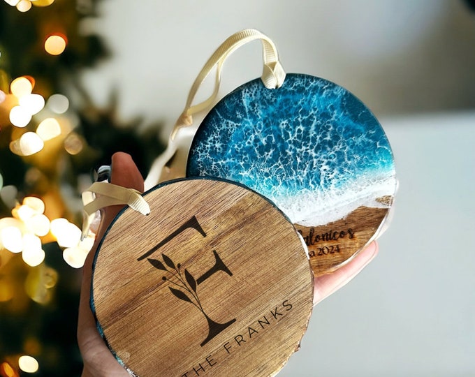 Personalized Coastal Ornament | Housewarming Gift | Epoxy x Acacia Wood | Florida