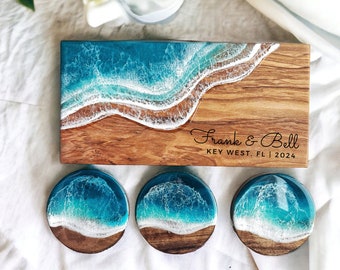 Personalized Cutting Board Coaster Set | Epoxy Resin | Engagement Wedding Gift Set  | Mothers Day | Engraved | Housewarming | Custom Beach