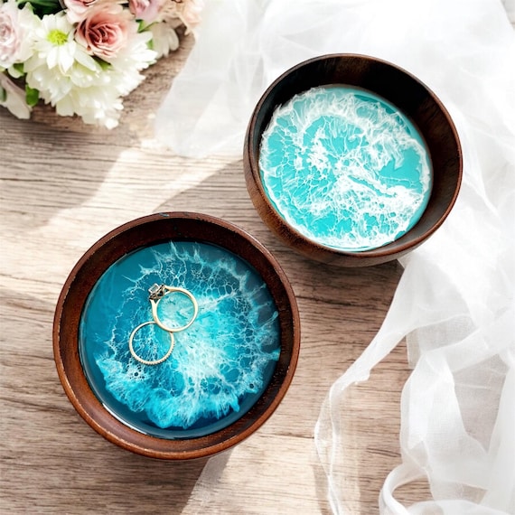 Ocean Designed Ring Dish | 4 Inch | Acacia Wood | Resin Beach House Decor | Wedding Favors | Housewarming | Coastal Houseware | Small Gifts