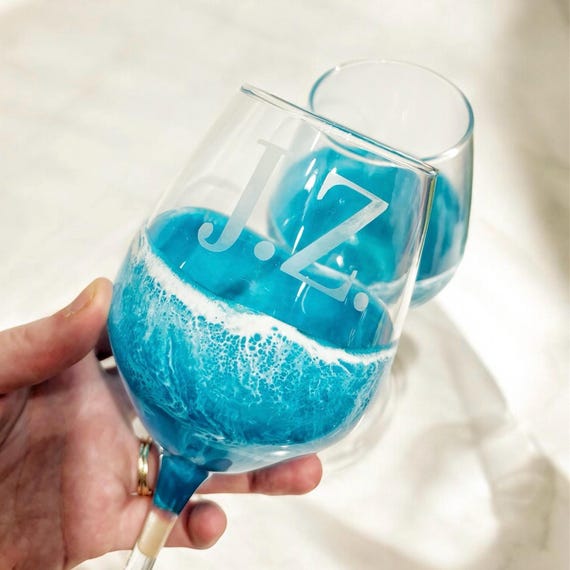 Personalized Stemmed Resin Ocean Wine Glass | Etched Engraved Glass | Monogram | Wedding Gift for Couples | Engagement | Bridal Party