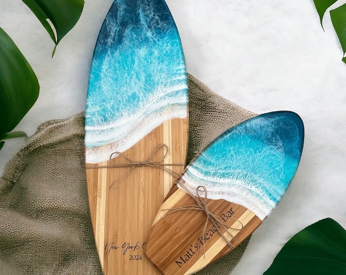 Personalized Resin and Wood Surfboard | Beach Wedding Gift | Housewarming | Engagement Gifts | Serving Board | Engraved Gifts
