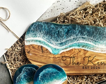 Ocean Resin Cutting Board Gift Set | Olive Wood | Personalized | Resin | Engagement Wedding Gift Set  | Mothers Day | Realtor Gift