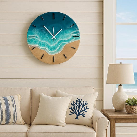 Coastal Ocean Clock | 18 Inch | Epoxy Resin Waves | Coastal Home | Beach Style |