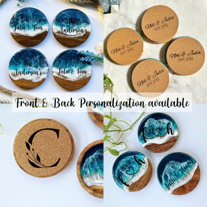 Personalized Wood & Resin Coaster Set Beach Wedding Housewarming Beach House Coastal Decor Wedding Favors Gifts for Couples image 2