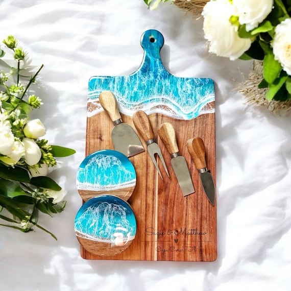 Personalized Ocean Resin Serving Board, Cheese Knife, Coaster Set | Acacia Wood | Wedding Gifts | Housewarming | Mothers Day | Engraved