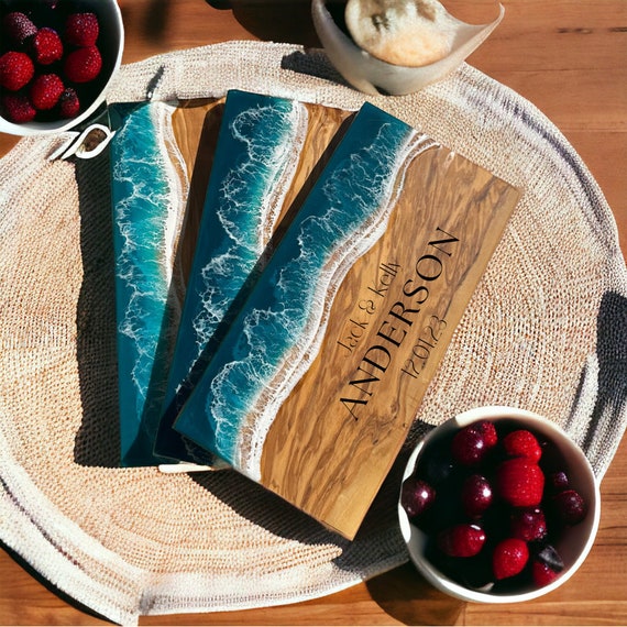 Personalized Resin Olive Wood Serving Board | Engagement Wedding Gift | Mothers Day | Olive Wood Cutting Board | Engraved | Resin Ocean Deco
