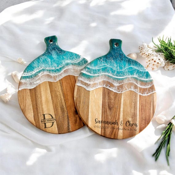 Personalized Ocean Resin Serving Board | Acacia Wood | Wedding Gifts | Housewarming | Mothers Day | Engraved
