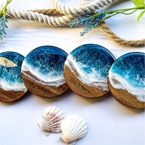 Acacia Wood Ocean Coaster Set, Personalized, Handmade Resin Coasters, Engraved, Housewarming Gift, Home Decor