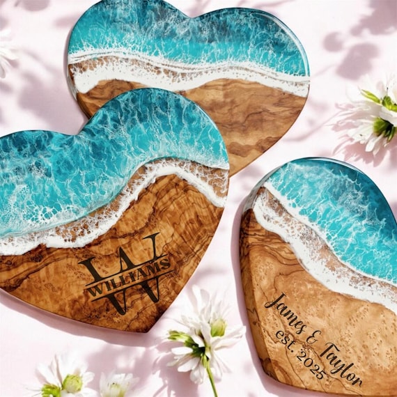 Personalized Coastal Heart  | Olive Wood | 8 Inch | Ocean Design | Coastal Decor | Beach Wedding | Gifts for Her