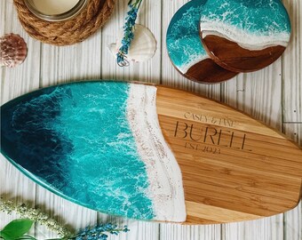 Personalized Gift Set, Ocean Style Resin Surfboard | Set of Coasters | Mothers Day Gift Set | Cutting Board Gift | Coastal Serving Board