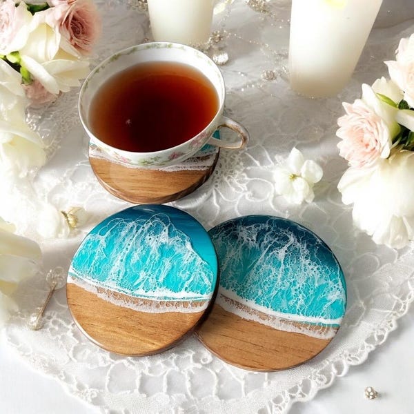 Personalized Epoxy Resin Wood Coaster Set: Beach House Decor